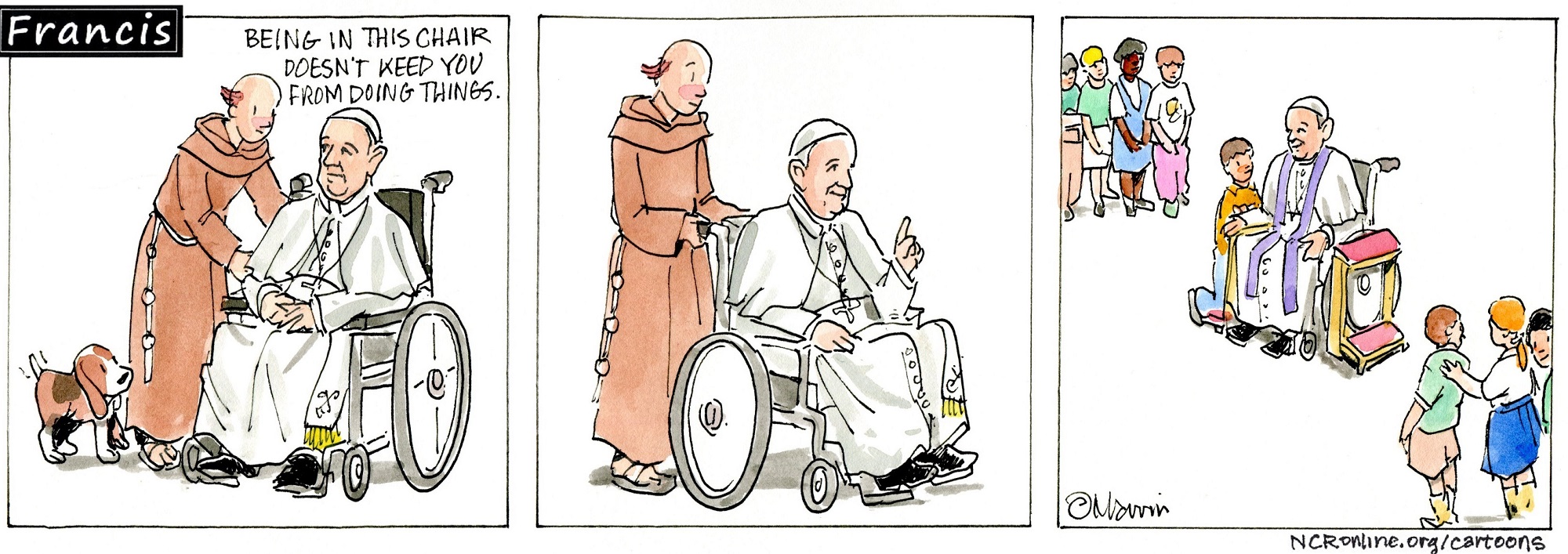 Francis, the comic strip: Brother Leo reminds Francis he still has a lot of work to do.