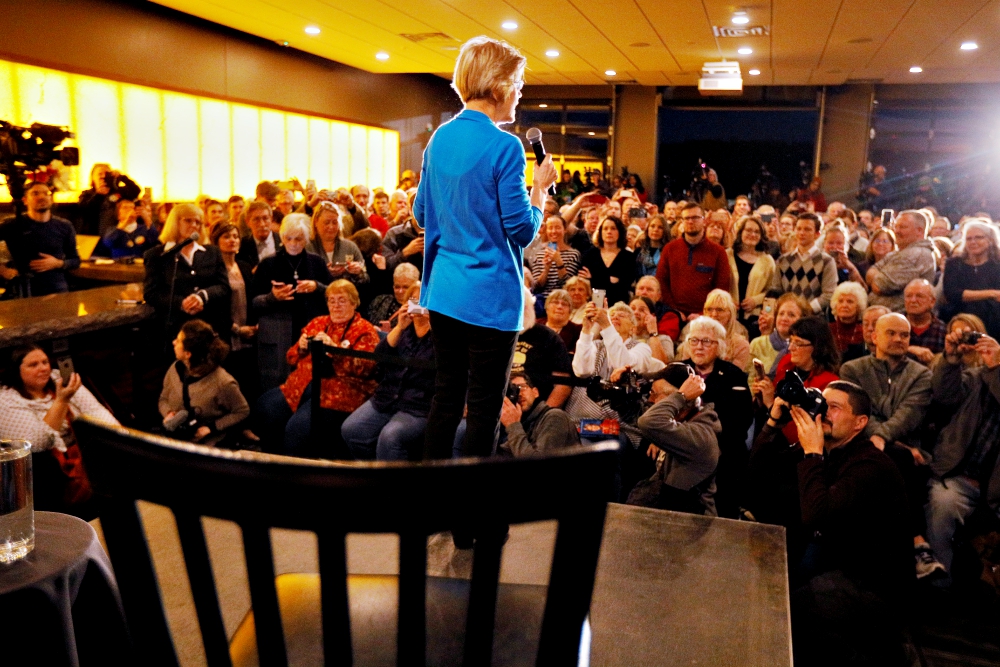 Massachusetts Sen. Elizabeth Warren speaks at an "organizing event" held at a bowling alley in Council Bluffs, Iowa, Jan. 4, after forming an exploratory committee for the 2020 presidential race. (Newscom/Reuters/Brian Snyder)