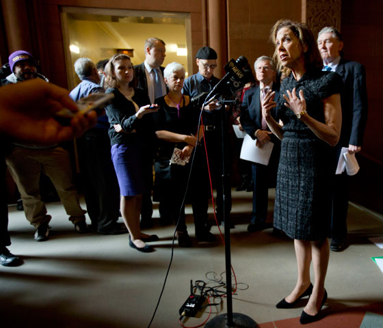 New York state Assemblywoman Amy Paulin speaks about her legislation to legalize aid in dying during a news conference at the Capitol Feb. 9 in Albany, N.Y. (AP Photo/Mike Groll)