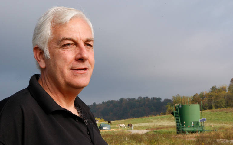 David Headley stands on his property Oct. 4 near a natural gas well in rural Fayette County, Pa. He and his wife, Linda, are among several plaintiffs in a lawsuit seeking to have several wells and pipelines declared a nuisance and removed. (CNS photo/Dennis Sadowski)