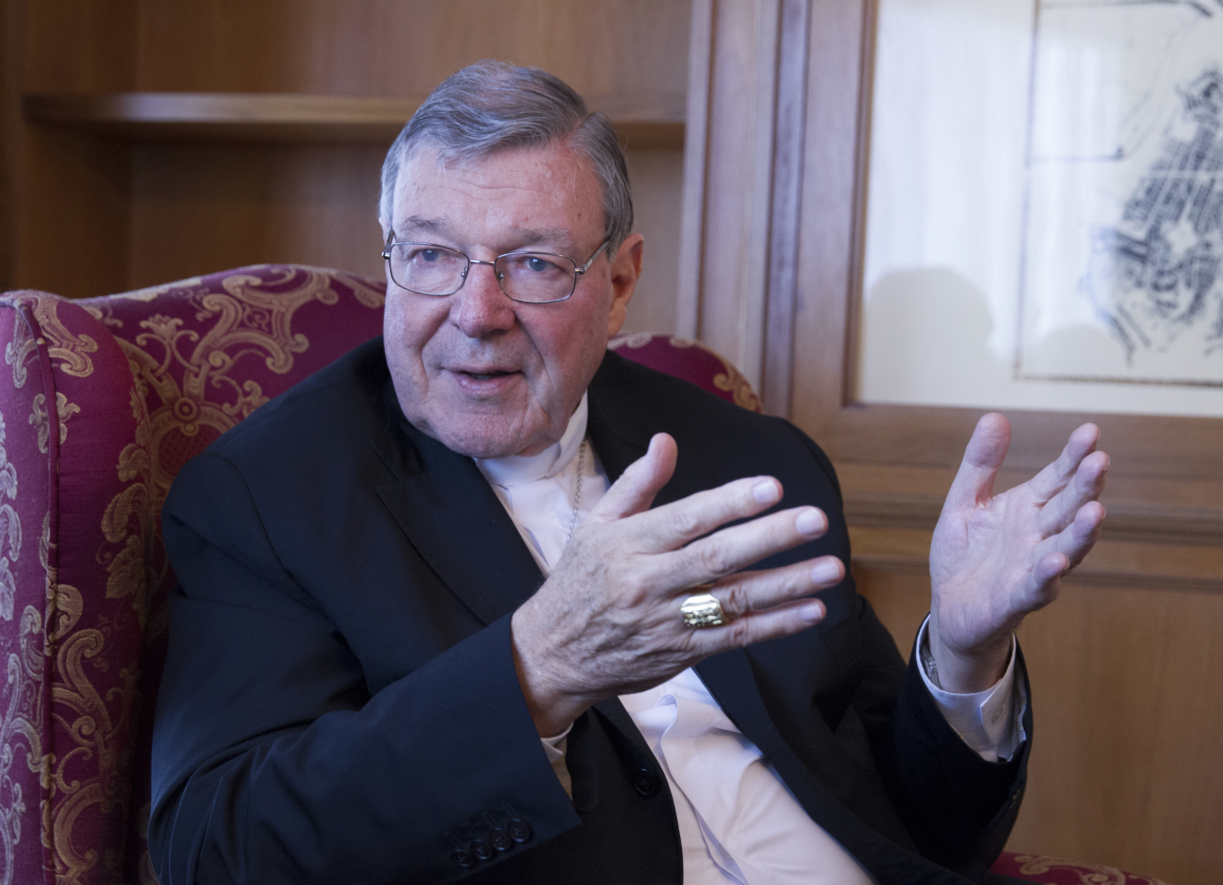 Cardinal George Pell, prefect of the Vatican Secretariat for the Economy, at his office in St. John's Tower at the Vatican Aug. 5. (CNS/Robert Duncan)