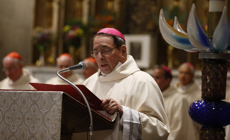 Archbishop John J. Myers of Newark, N.J., addresses Pope Francis at the conclusion of Mass at the Pontifical North American College in Rome May 2. (CNS/Paul Haring)