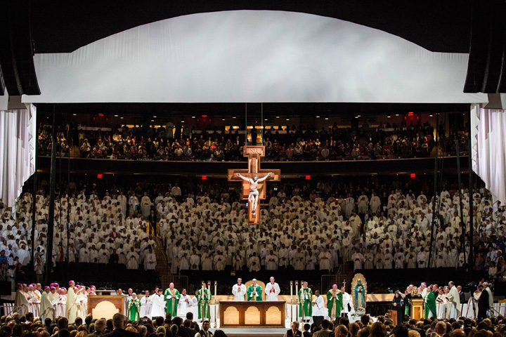 Pope Francis celebrates Mass at Madison Square Garden in New York Sept. 25. (CNS photo/Andrew Burton, pool)