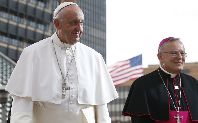 Pope Francis and Archbishop Charles Chaput leave Independence Hall after the pope gave an address about religious liberty and immigration in Philadelphia Sept. 26, 2015. (CNS/Paul Haring)