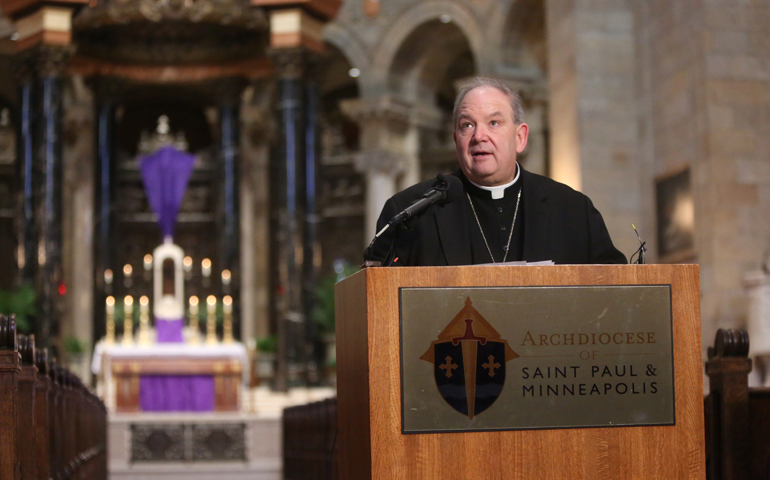 Archbishop Bernard A. Hebda addresses the media at a news conference March 24 at the Cathedral of St. Paul in St. Paul, Minn. (CNS/Dave Hrbacek, The Catholic Spirit)