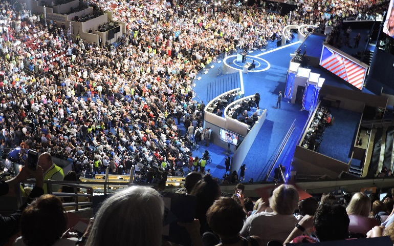 Delegates to the Democratic National Convention and other attendees can be seen July 26 at the Wells Fargo Center in Philadelphia. (CNS/Elizabeth Evans)