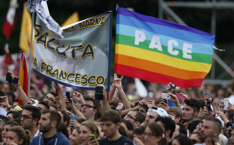 A peace flag is seen as Pope Francis leads an encounter with young people in Assisi, Italy, in this Oct. 4, 2013, file photo. (CNS/Paul Haring)