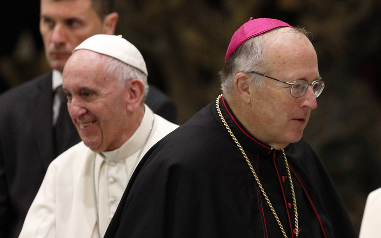 Bishop Robert McElroy of San Diego walks away after greeting Pope Francis during his general audience in Paul VI hall at the Vatican Nov. 23, 2016. (CNS/Paul Haring)