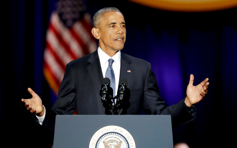 President Barack Obama delivers his farewell address Jan. 10 at McCormick Place in Chicago. (CNS/Reuters/John Gress)