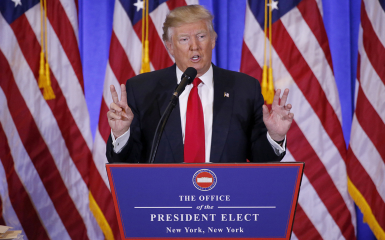 U.S. President-elect Donald Trump speaks Jan. 11 during a news conference in the lobby of Trump Tower in New York City. (CNS/Lucas Jackson, Reuters)