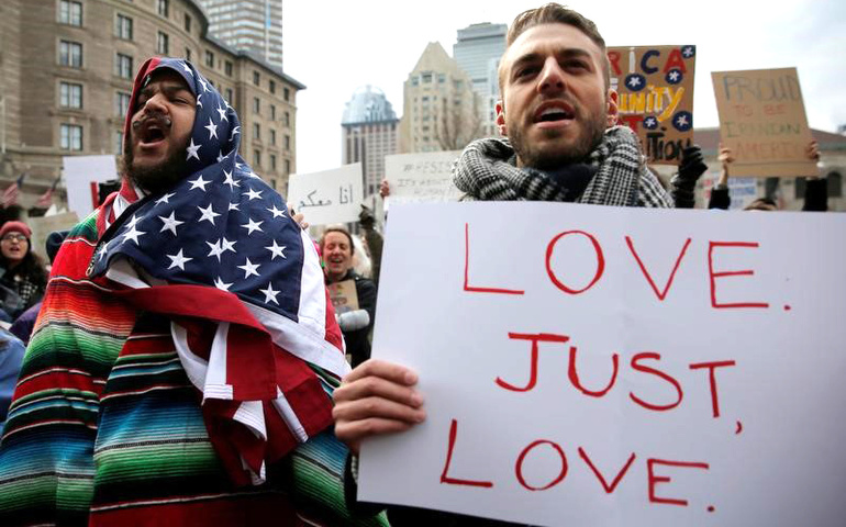 Demonstrators in Boston protest the travel ban imposed by President Donald Trump Jan. 29. (CNS / Brian Snyder, Reuters) 