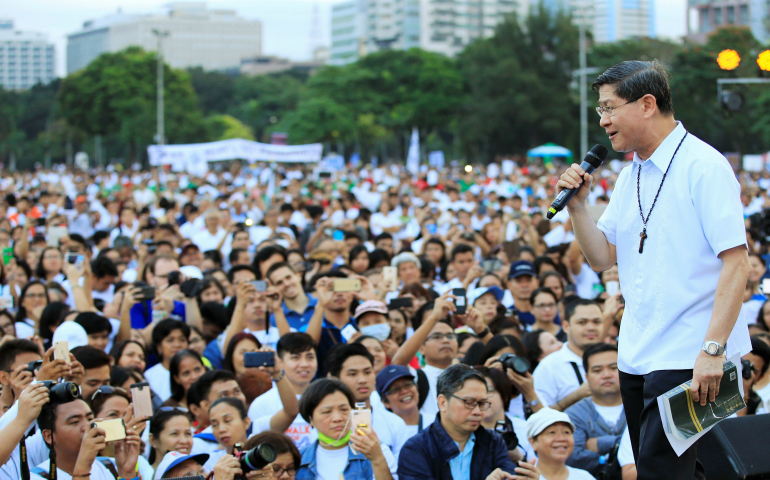 Philippine Cardinal Luis Antonio Tagle of Manila speaks to the crowd during a Feb. 18 protest against plans to reimpose the death penalty, promote contraceptives and intensify the drug war at the Walk for Life in Manila. (CNS photo/Romeo Ranoco, Reuters)