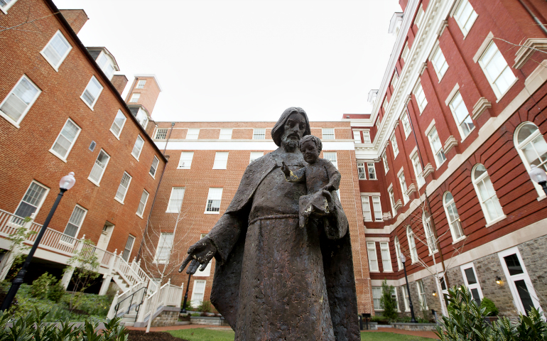 Mulledy Hall, center, seen on the campus of Georgetown University April 4, has been renamed after Isaac Hawkins, the first enslaved person listed in the Jesuit university's documents on its selling of slaves. (CNS/Tyler Orsburn)