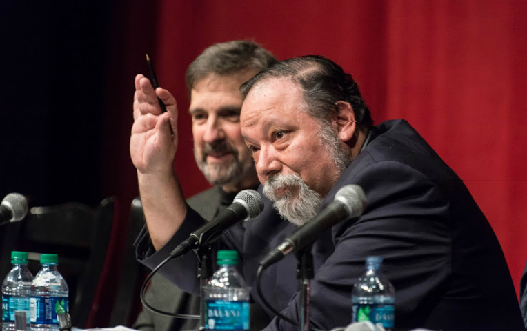 Boston College Professor of Theology Roberto Goizueta, left, and Jesuit Fr. Carlos Maria Galli, of Argentina at the Ibero-American Meeting of Theology. (Lee Pellegrini/Boston College)