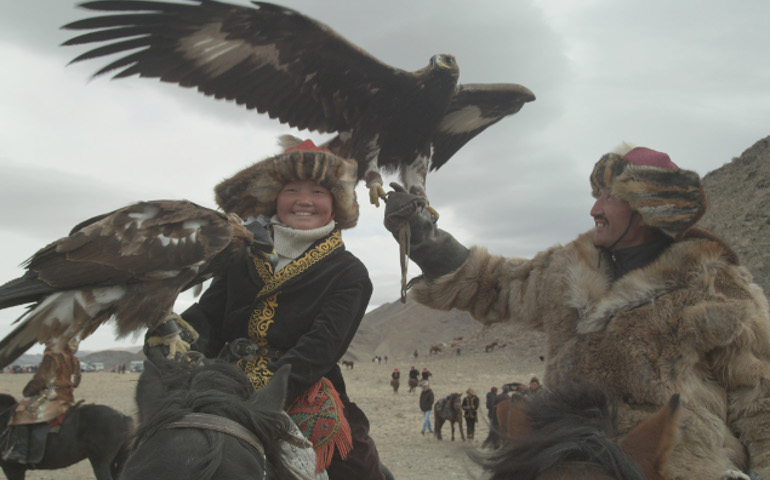 Aisholpan Nurgaiv, left, and her father, Agalai (Courtesy of Sony Pictures Classics/Asher Svidensky)