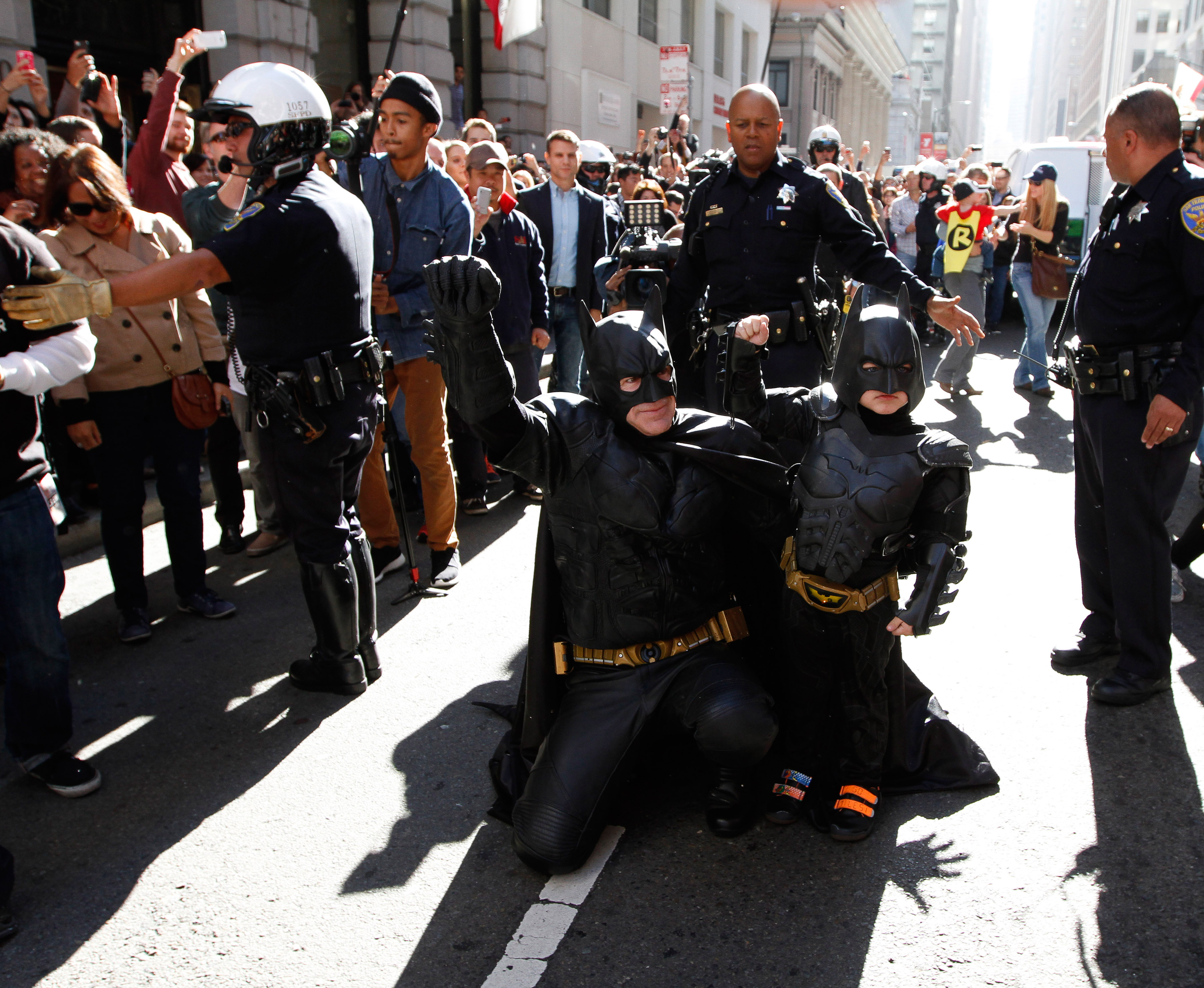 Eric Johnston as Batman and Miles Scott as Batkid in "Batkid Begins." (Warner Bros. Entertainment Co.)