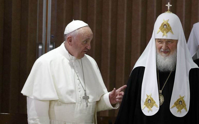 Pope Francis stands next to Russian Orthodox Patriarch Kirill of Moscow after the two leaders signed a joint declaration during a meeting at Jose Marti International Airport in Havana Feb. 12, 2016. (CNS/Paul Haring) 