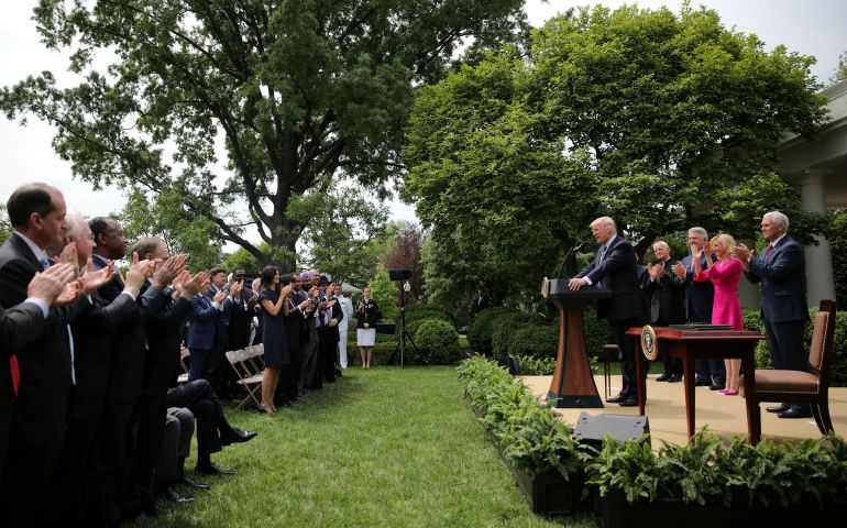 President Donald Trump speaks during a National Day of Prayer event at the White House in Washington May 4 before signing an executive order on religious liberty. (CNS photo/Carlos Barria, Reuters)