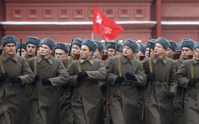 People in historical uniforms take part in the military parade in Moscow's Red Square in 2016. As preparations get underway for this year's 100th anniversary of the Russian Revolution, the country's small Catholic Church is keeping a low profile. (CNS photo/Maxim Shipenkov, EPA)