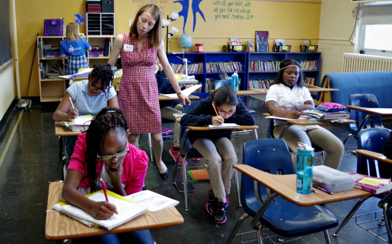 Sr. Sarah Heger, a Sister of St. Joseph of Carondelet, with students at Marian Middle School in St. Louis. "I know, personally, my life, my consciousness will never go back to where it was" before Michael Brown's death in 2014, she said. (Courtesy of the Sisters of St. Joseph of Carondelet / Linda Behrens)