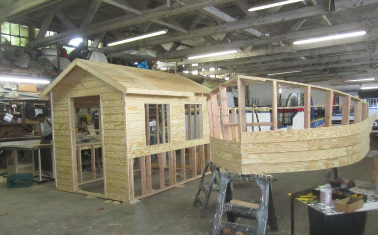 The ark, which will join marchers at the People's Climate March Sept. 21, under construction at Auburn Theological Seminary.