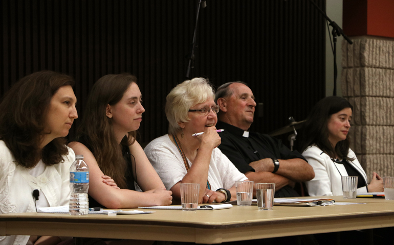 From left: Dr. Maria Dakake, associate professor of Islamic thought and Quranic Studies at George Mason University, Emma Green, a writer for The Atlantic who claims the Jewish tradition, Maureen Fiedler, host of "Interfaith Voices," Rev. Gerry Creedon, a Catholic pastor in the Arlington VA diocese, and Rev. Alison Miller, senior minister, Morristown, N.J.,Unitarian Fellowship. (D. Ashley Campbell)