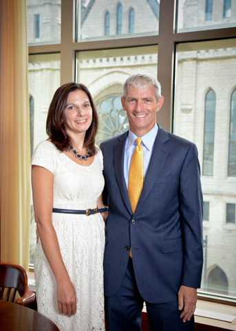 Michael Lovell, president of Marquette University, poses for a photo with his wife, Amy, Sept. 2 near Gesu Church. (CNS/Catholic Herald/Juan Carlos Medina)