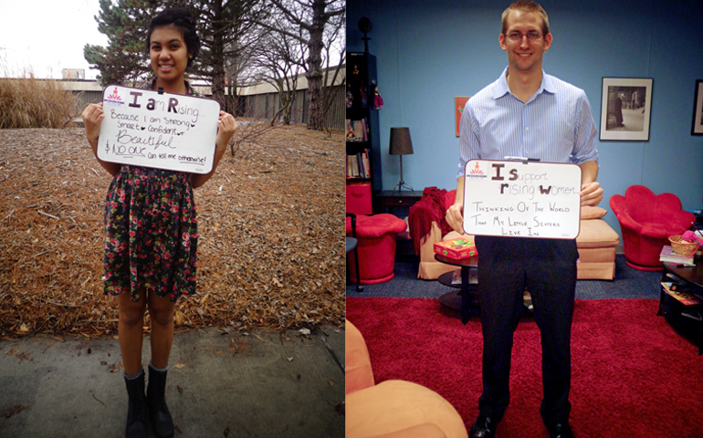 Students at the University of Illinois, Springfield participate in a white board photo campaign as part of the university's One Billion Rising program (Lynn Otterson)