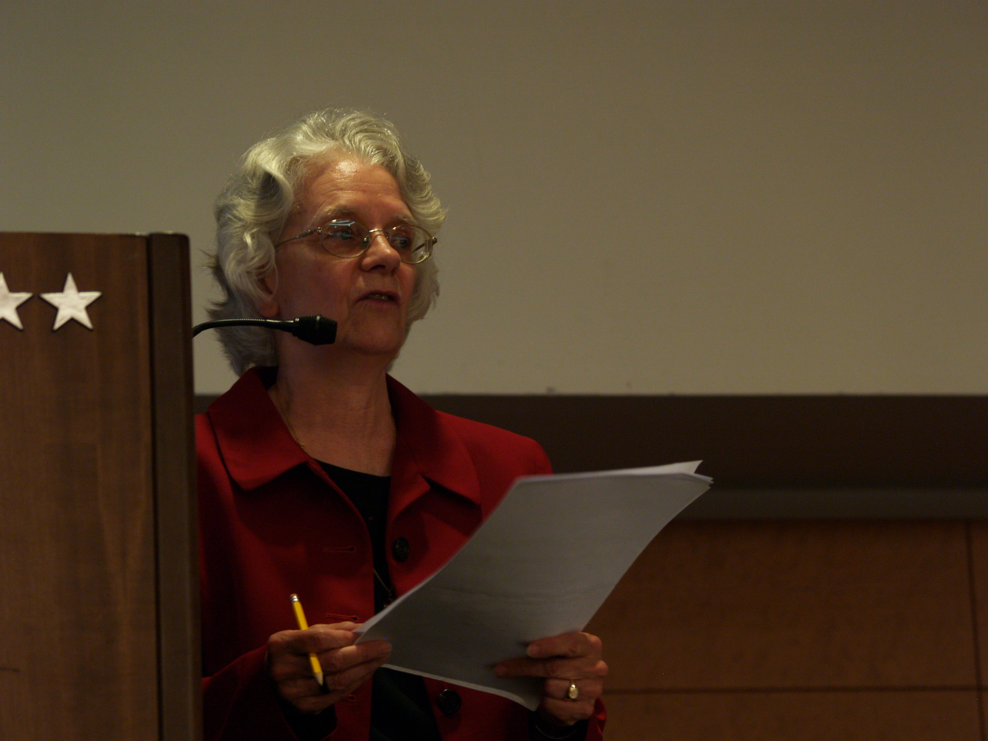 Franciscan Sr. Florence Deacon, LCWR president, addresses the International Union of Superiors General May 4. (NCR photo/Robyn J. Haas)