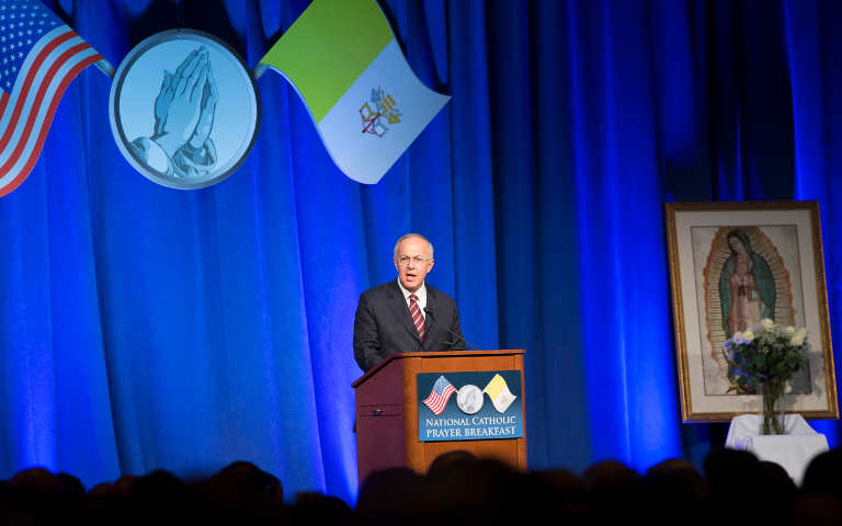 Supreme Knight Carl Anderson at the National Catholic Prayer Breakfast May 17. (CNS/Bob Roller)