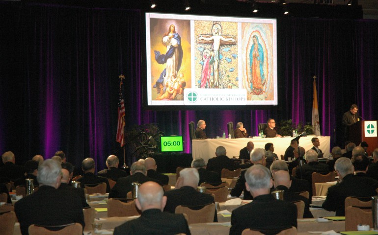 Prelates listen to a speaker June 15 during the U.S. Conference of Catholic Bishops' annual spring assembly in Indianapolis. (CNS photo/John Shaughnessy, The Criterion)