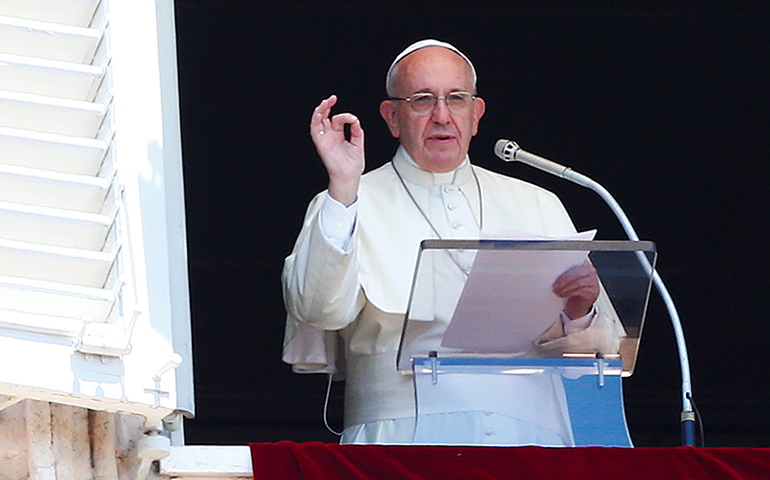 Pope Francis gestures during his Sunday Angelus prayer in Saint Peter's square at the Vatican on July 17, 2016. (Photo courtesy of Reuters/Tony Gentile)