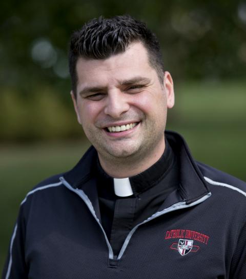 Anthony Federico, a seminarian from the Archdiocese of Hartford, Connecticut, is seen outside Theological College in Washington Oct. 25. (CNS/Tyler Orsburn) 