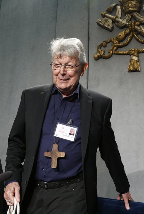 Retired Bishop Erwin Kräutler of Xingú, Brazil, arrives for a press briefing following a session of the Synod of Bishops for the Amazon at the Vatican Oct. 9, 2019. (CNS/Paul Haring)