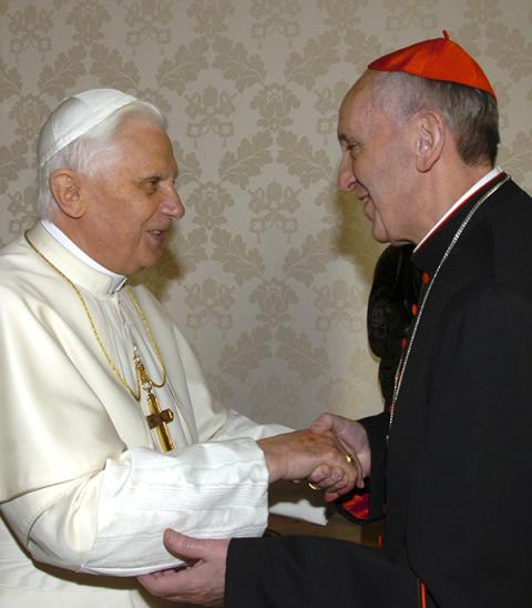 Pope Benedict XVI greets Argentine Cardinal Jorge Mario Bergoglio at the Vatican in this Jan. 13, 2007, file photo. Bergoglio was elected March 13, 2013, the 266th Roman Catholic pontiff and the successor to retired Pope Benedict. (CNS/L'Osservatore Romano)