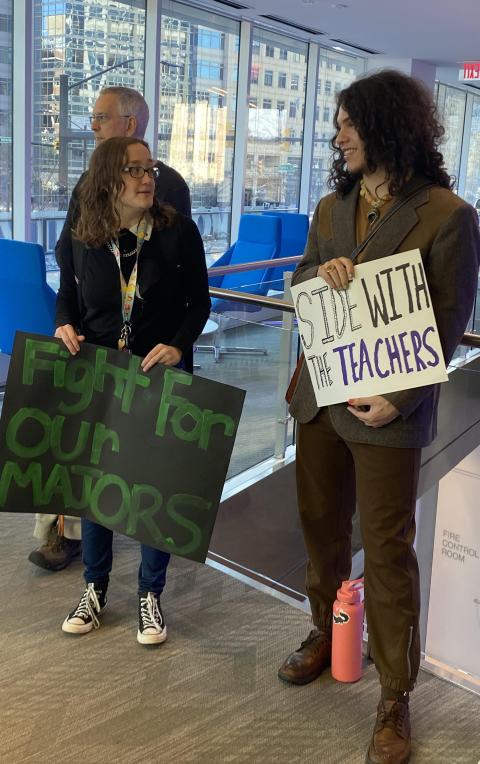 Students protest outside the Marymount University board of trustees meeting Feb. 24 in Arlington, Virginia. (Courtesy of Grace Kapacs)