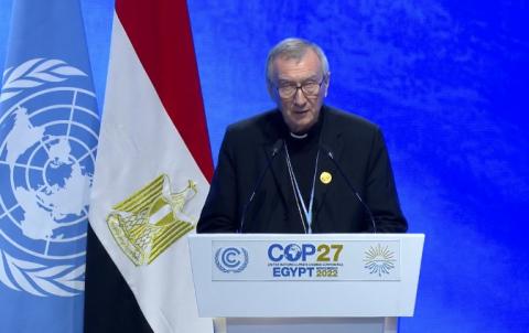 Cardinal Pietro Parolin, Vatican secretary of state, addresses COP27, Nov. 8, 2022, in Sharm el-Sheikh, Egypt. (CNS screenshot/UNFCCC)