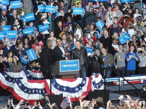 Bruce Springsteen at a 2012 pre-election rally with Barak Obama and rapper Jay-Z. (Paul Becker/Wikimedia Commons) Bruce Springsteen at a 2012 pre-election rally with Barak Obama and rapper Jay-Z. (Paul Becker/Wikimedia Commons)