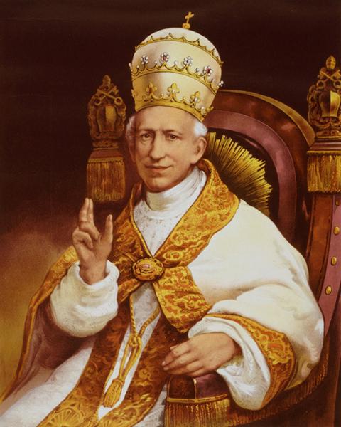 Pope Leo XIII is depicted seated in an official Vatican portrait circa 1878. Leo's landmark 1891 encyclical Rerum Novarum ("Of New Things") focused on the changing conditions of work in a newly urbanized and industrialized economy. (CNS/Library of Congress)