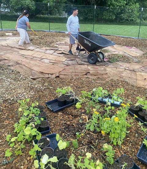 Parishioners from Our Lady of Victory in Baltimore, including Burmese refugees, learn the basics of building a community garden earlier this summer. The garden's aim is to provide for the campus’ busy food pantry. (Courtesy of Joan Huai)