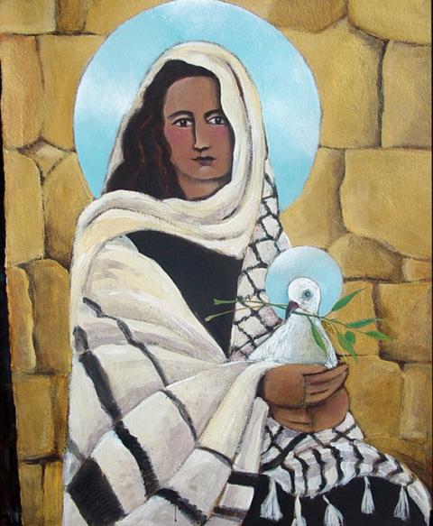 Mickey McGrath's Madonna painting depicts her wearing a traditional Palestinian veil, with a background of the Wailing Wall, where Jews in Jerusalem go to pray, symbolizing the unity of peoples in the peace offered by Mary. (Courtesy of Mickey McGrath)