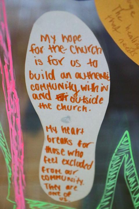 A student's message about participating in listening sessions in preparation for the 2023 world Synod of Bishops on synodality is seen April 4 at La Salle University in Philadelphia. (CNS photo/CatholicPhilly.com/Sarah Webb)