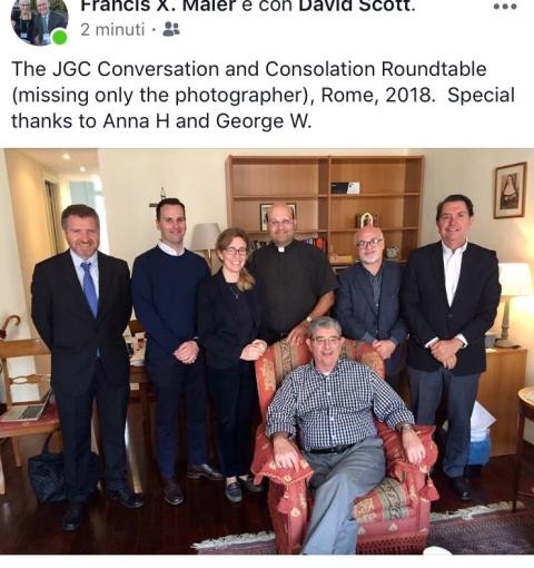 Screenshot of photo posted in October 2018 on Francis X. Maier's Facebook timeline featuring Ed Pentin, Kieran Walton, Anna Halpine, Fr. Raymond de Souza, David Scott, Robert Royal and George Weigel