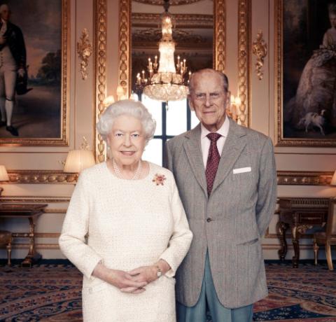 Britain's Queen Elizabeth II and Prince Philip, Duke of Edinburgh, pose at Windsor Castle Nov. 18, 2017, in celebration of their 70th wedding anniversary. (CNS/CameraPress handout via Reuters/Matt Holyoak)