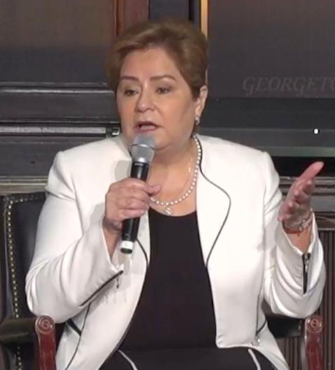 Patricia Espinosa, executive secretary of the United Nations Framework Convention on Climate Change, speaks during a Dec. 6 event hosted by the Georgetown Institute for Women, Peace and Security. (NCR screenshot)