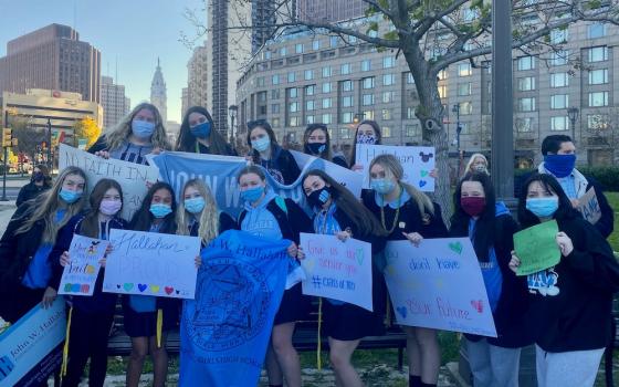 John W. Hallahan Catholic Girls' High School students participate in a Nov. 20, 2020, school walkout to protest the archdiocese’s decision to close their high school. (Courtesy of Kim Kimrey)