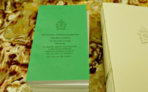 Copies of Pope Francis' apostolic exhortation on the family, "Amoris Laetitia," are seen on a table at the Vatican in January 2017. (CNS/Paul Haring)