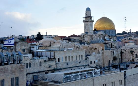 The gold-covered Dome of the Rock at the Temple Mount complex is seen in this overview of Jerusalem's Old City Dec. 6. (CNS/Debbie Hill)