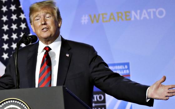 President Donald Trump is seen at a press conference during the NATO Summit in Brussels July 12. (CNS/EPA/Christiana Bruna)