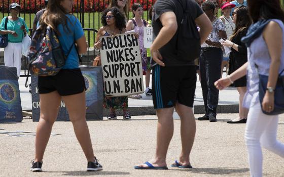 Peace activists hold a Catholic prayer service of repentance near the White House Aug. 9, 2018, for the use of nuclear weapons on Japan in 1945 during World War II. (CNS/Tyler Orsburn)